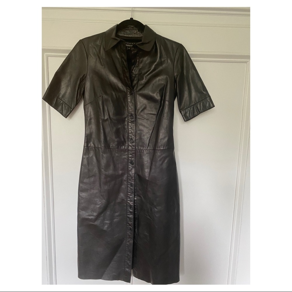 Theory Black Leather Shirt Dress with Collar
